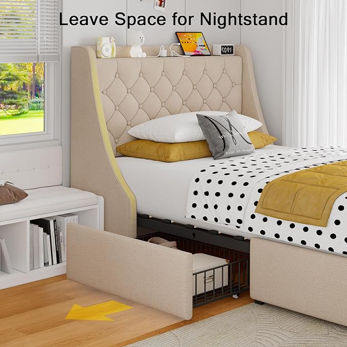 Upholstered Twin Bed Frame with 4 Storage Drawers, Bed Frame with Large Wingback Headboard, Charging Station, No Box Spring Needed, Easy Assembly, Beige