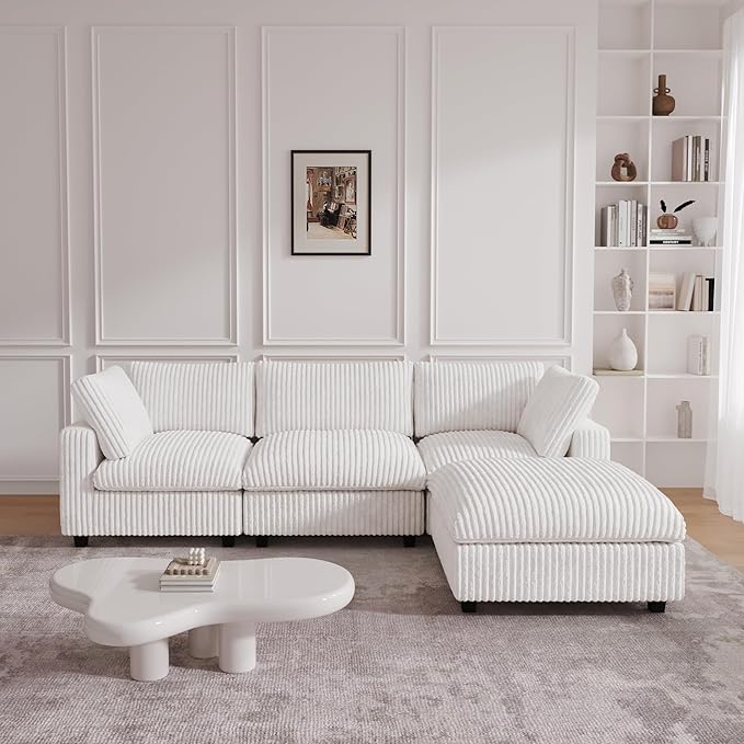 JACH 118" L Shape Sectional Couch, Convertable Modular Couches with Chaise Ottoman, Modern Deep Seat Sofas, Sofa Covers Washable, Minimalist Plush Couch for Living Room, Apartment, Beige