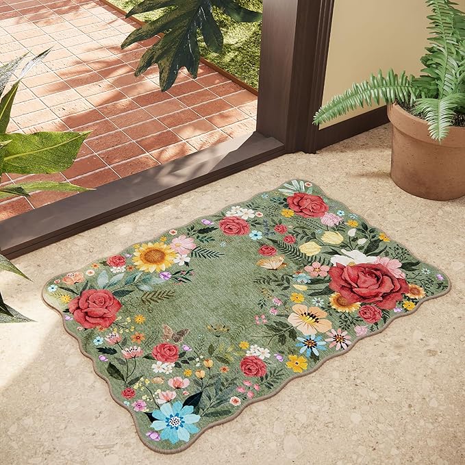 Floral Washable Entryway Rug 2'x3' Non Slip Boho Vintage Indoor Door Mat Low Pile Soft Carpet for Bathroom, Front Door, Kitchen, Laundry Small Spaces Decor (Green)