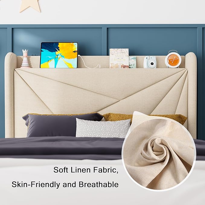 Feonase Twin Size Bed Frame with Charging Station, Upholstered Linen Platform Bed Frame with Wingback Headboard, Solid Wood Slats Support, No Box Spring Needed, Noise Free, Beige