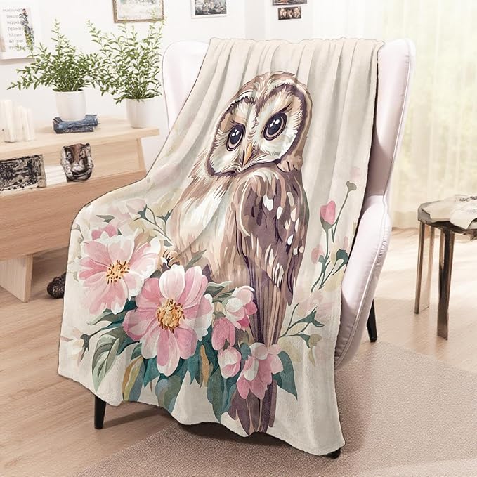 Sweet Owl Blanket, Cozy Flannel Charming Owls and Pink Flowers Throw Blanket for Couch Outdoor, Plush Soft Lightweight Travel Blankets for Bed Decor and Gifts, for Women Adults Kids 50"x60"