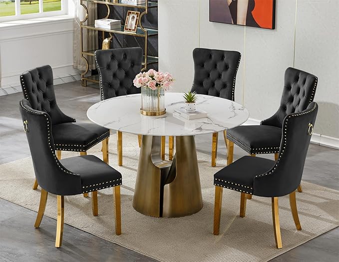 7-Piece Faux Marble Round Dining Table Set for 6, Modern Luxury Kitchen Table Set for 6 with Black Tufted Chairs,Circle Dining Tables with White Marble Grain Top and Bronze Pedestal Base