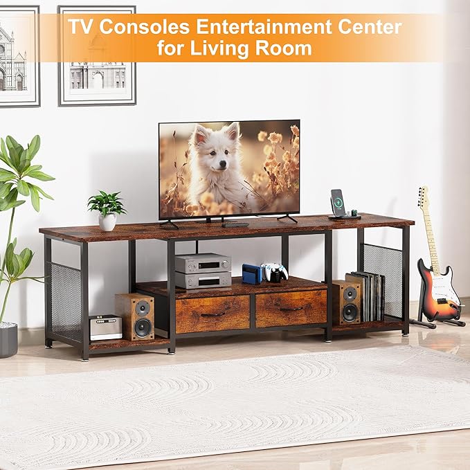 TV Stand with Drawers and Power Outlets for 75 70 65 Inch TV, Entertainment Center with Open Storage Shelves, Industrial Media TV Console Table for Living Room Bedroom Office, Rustic Brown
