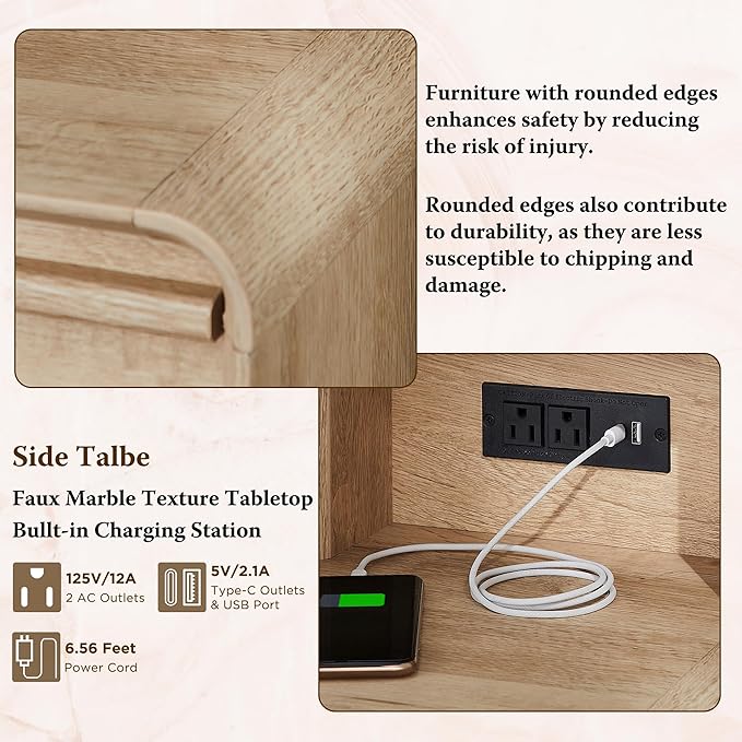 Fluted Makeup Vanity Desk with Large 35" HD Lighted Mirror, 48" Mid Century Modern Glass Top Vanity Table with 5 Drawers & Adjustable Shelf, Dressing Table w/Charging Station for Bedroom, Natural Oak