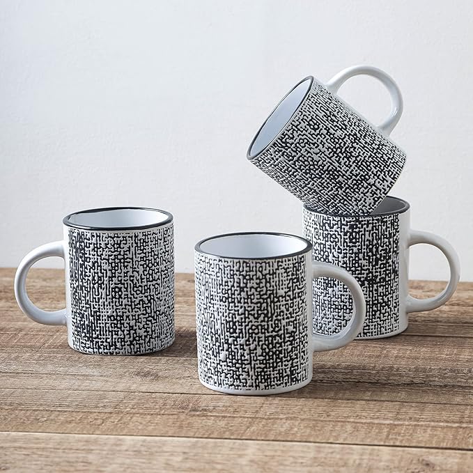 Stone Lain Stoneware Dish Set, 4 Mugs, Sophie - White and Black