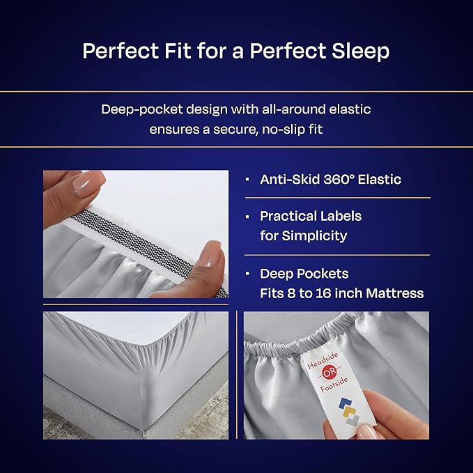 California Design Den Queen Sheet Set Deep Pocket - Luxury 1000 Thread Count Sateen, Thick and Natural 100% Cotton Bed Sheets, Soft, Breathable and Durable Bedding Set - Light Grey