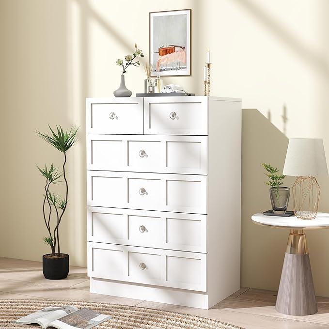 6 Drawer Dresser for Bedroom: 24" Fluted White Dresser Deep Drawers, Modern Chest of Drawers for Bedroom, Fluted Wood Dressers for Living Room, Hallway