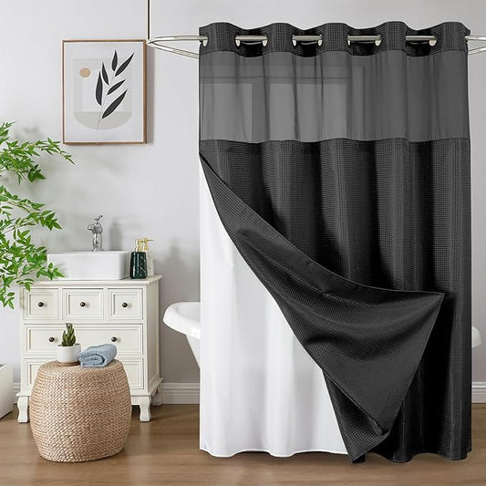 Colorful Star No Hook Waffle Shower Curtain with Snap in Fabric, Waterproof Shower Curtains with See Through Top Window, Hotel Luxury Heavy Duty Bathroom Curtain and Liner Set, 72'' x 75'', Black