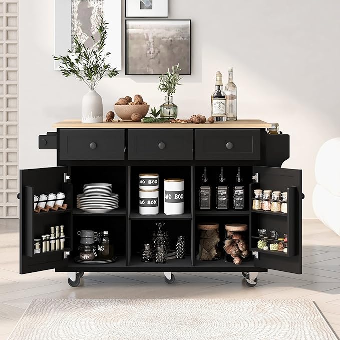 Kitchen Island Cart with Drop-Leaf Cabinet Door Internal Storage Rack 5 Wheels 3 Drawers for Kitchen, Dining Room, Bathroom 53.1" W*29.5" D*37.2" H Black