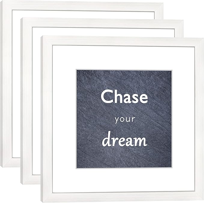 12x12 White Picture Frame Set of 3 for Pictures 8x8 with Mat or 12x12 Without Mat,Wall or Tabletop Gallery Photo Frames with Real Glass