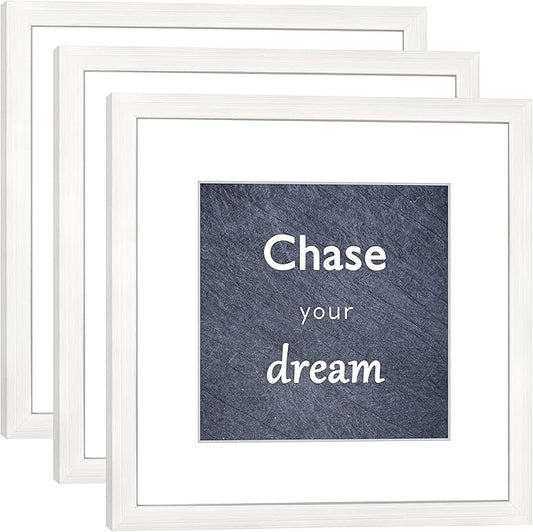 12x12 White Picture Frame Set of 3 for Pictures 8x8 with Mat or 12x12 Without Mat,Wall or Tabletop Gallery Photo Frames with Real Glass