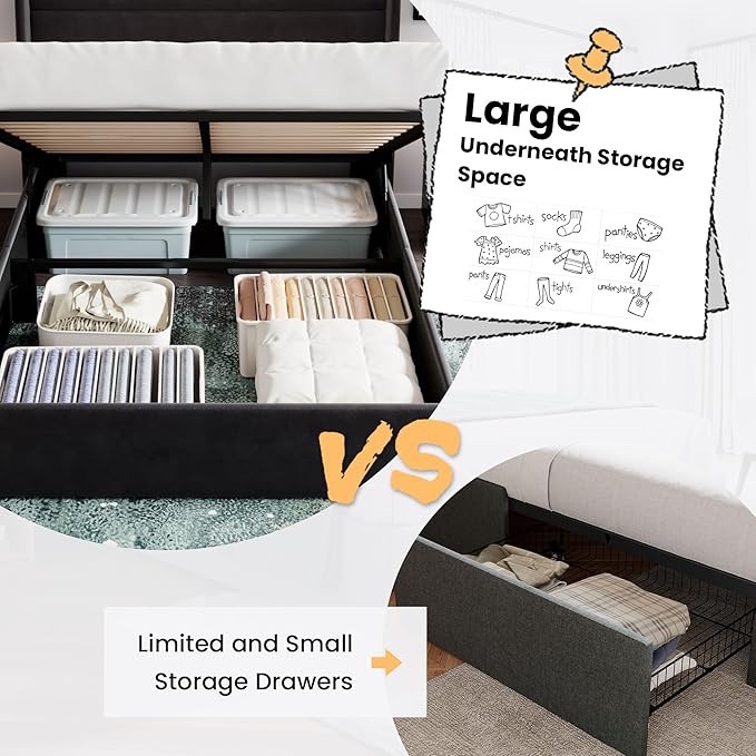 SHA CERLIN Queen Size Lift Up Storage Bed/Velvet Upholstered/Modern Wingback Headboard/Upholstered Platform Bed Frame/Hydraulic Storage/No Box Spring Needed/Black