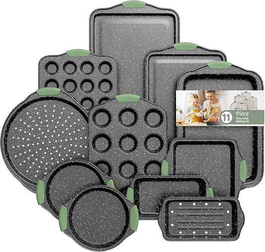 11-Piece Nonstick Bakeware Set, Stackable & Oven-Safe Kitchen Baking Pans with Silicone Handles - Includes Cookie Sheet, Cake Pan, Muffin Tin, Pizza Stone & Bread Loaf Pan, Dark Green&Black