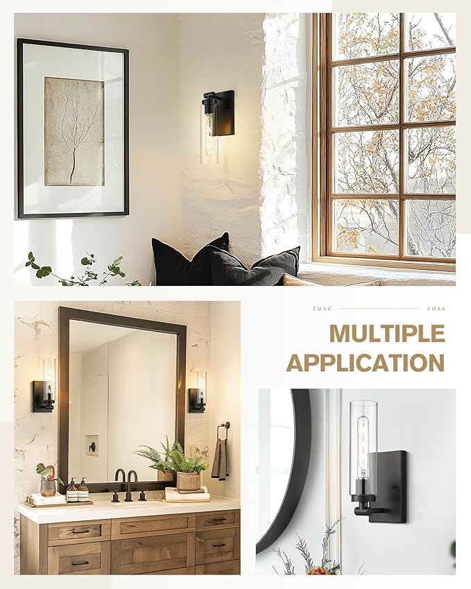 Emak Modern Black Wall Sconces Set of Two, Farmhouse Bathroom Sconce with Clear Glass Shade, 2 Light Bathroom Vanity Light for Living Room, Bedroom, Gallery, WS086-BK-CG-2PK