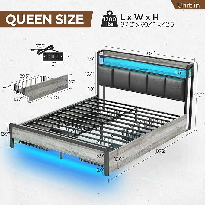 Rolanstar Bed Frame Queen Size with Charging Station and LED Lights, Upholstered Storage Headboard with Drawers, Heavy Duty Metal Slats, No Box Spring Needed, Easy Assembly, Vintage Grey and Black
