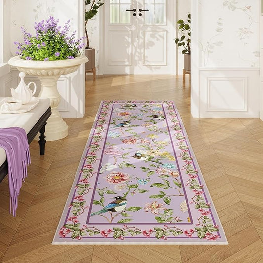 Runner Rug for Kitchen 2'6"x8' Washable Rugs with Rubber Backing Soft Floral Bird Magpies Floral Animal Carpet Runner for Kitchen, Laundry, Bedroom, Bathroom (Purple)