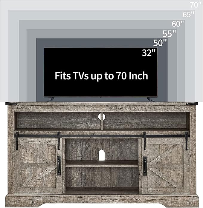 OKD Farmhouse TV Stand for 65+ Inch TV, 33" Tall Highboy Entertainment Center w/Sliding Barn Door, Rustic Media Console w/Storage Shelves, Wood Television Stand for Living Room, Light Rustic Oak