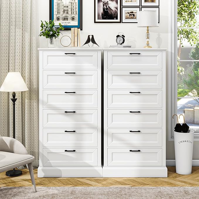 Tall White 6 Drawer Dresser, Wood Vertical Chest of Drawers for Bedroom, 55" H Modern Lingerie Dressers for Closet, Living Room, Hallway and Home Office