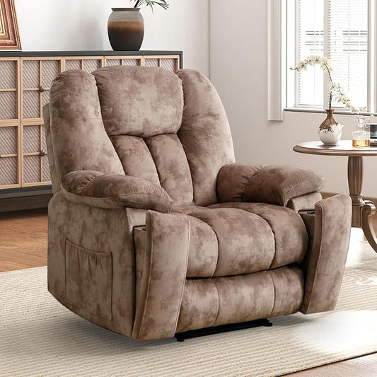 Phoenix Home Manual Recliner Chair for Adults with Massage and Heat, Overstuffed Fabric Reclining Chair, Oversized Recliners with 2 Cup Holders and Side Pockets for Living Room, Bedroom, Brown