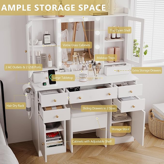Makeup Vanity Desk with Mirror and Lights, White Vanity Table Set with Storage Drawers, Charging Station, Cabinets & Chair, Large Dressing Table with RGB Ambient Light for Women Girls Bedroom Bathroom