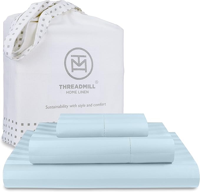 Threadmill 500 Thread Count Twin Size Damask Stripe, 3 Pc Luxury Cotton Bedding Set, Breathable Light Blue Sheets with 15" Elasticized Deep Pocket, 1 Pillowcase & Free Tote Bag