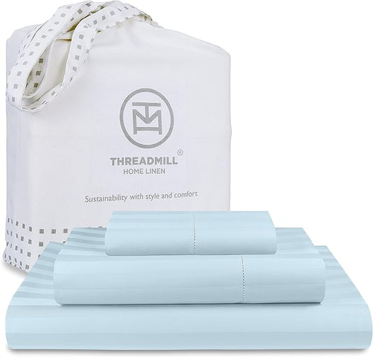 Threadmill 500 Thread Count Twin Size Damask Stripe, 3 Pc Luxury Cotton Bedding Set, Breathable Light Blue Sheets with 15" Elasticized Deep Pocket, 1 Pillowcase & Free Tote Bag
