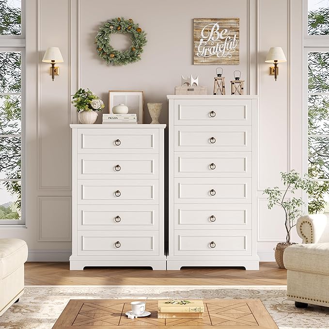 HOSTACK 6 Drawer White Dresser for Bedroom, 52" Tall Dresser, Modern Farmhouse Vertical Chest of Drawers for Bedroom, Wooden Closet Chest, Wood Storage Cabinet for Living Room, Hallway, Entryway