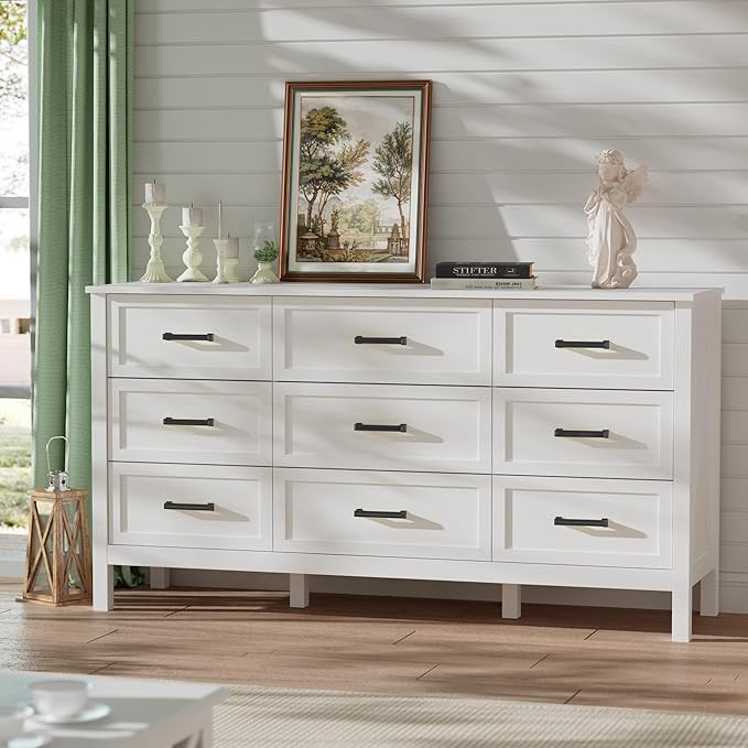 LYNSOM Farmhouse 9 Drawers Dresser for Bedroom, 55" Wide Wood Rustic Chest of Drawers with Natural Texture, Metal Handle, Storage Dressers Organizer for Entryway, Hallway, White