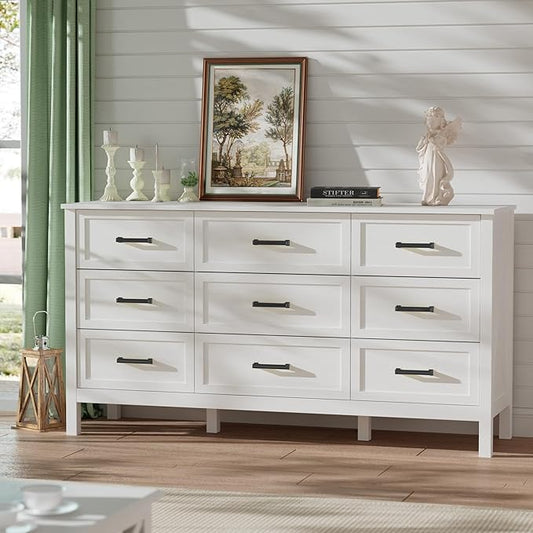 LYNSOM Farmhouse 9 Drawers Dresser for Bedroom, 55" Wide Wood Rustic Chest of Drawers with Natural Texture, Metal Handle, Storage Dressers Organizer for Entryway, Hallway, White
