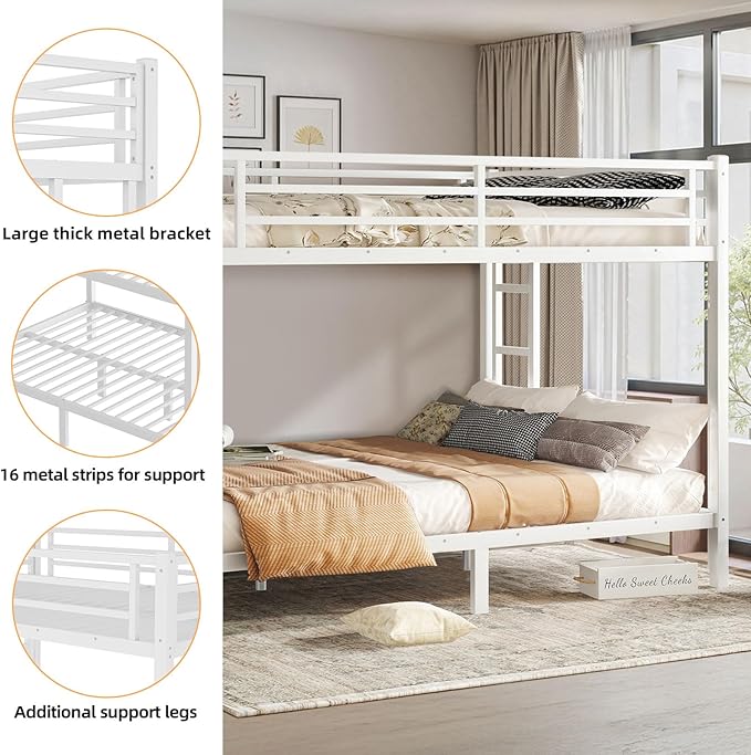Queen Over Queen Bunk Bed Frame, Heavy Duty Metal Loft Bed for Adults/Teens, 350/600LB Capacity w/Ladder & Guardrail, Noise-Free Steel Slats, No Box Spring Required, White