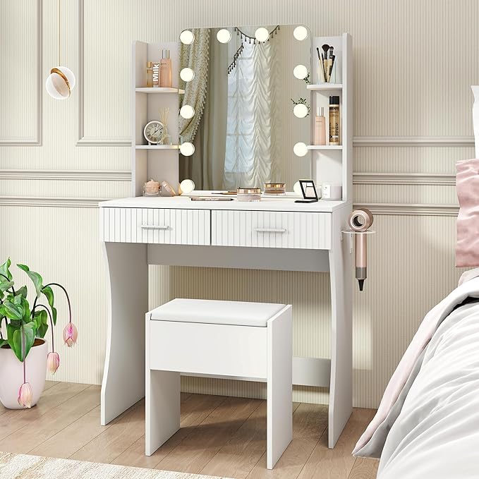 Small Vanity Desk with Mirror and Lights, Makeup Vanity Desk with 3 Color Modes Adjustable Bulb, 2 Large Drawers and 4 Open Storage Shelves, White Vanity with Charging Station for Bedroom