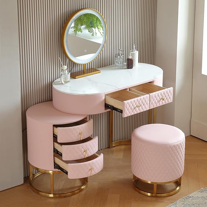 Faux Leather Makeup Vanity Desk Set with LED Lighted Mirror Luxury Dressing Makeup Table with Storage Drawers & Vanity Stool, Pink