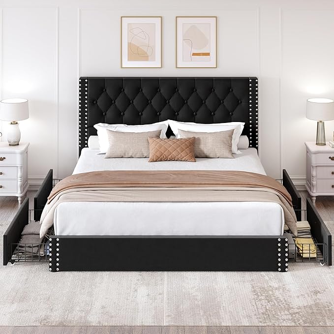 King Size Bed Frame with 4 Storage Drawers and Tufted Headboard Linen Upholstered Platform Bed Frame with Heavy Duty Wood Slats, No Box Spring Needed, Easy Assembly,Black