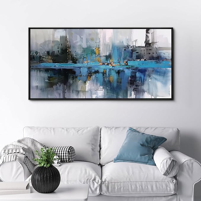 yiijeah Blue Wall art - Abstract Canvas Art Over Bed Wall Decor Bedroom Artwork for Wall Gray Picture Frames Painting Modern Wall Art for Living Room Office Home