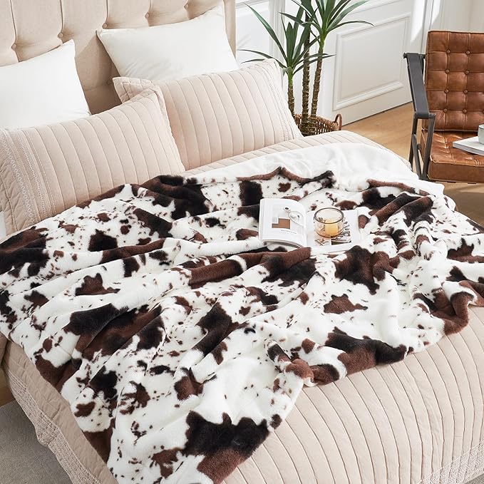 Cozy Bliss Cow Print Faux Fur Throw Blanket, Animal Printed Blankets Super Soft Warm Thick Fluffy Throws Home Decor for Couch Bed Sofa Women (Black&Coffee Cow, 60x80 Inches)