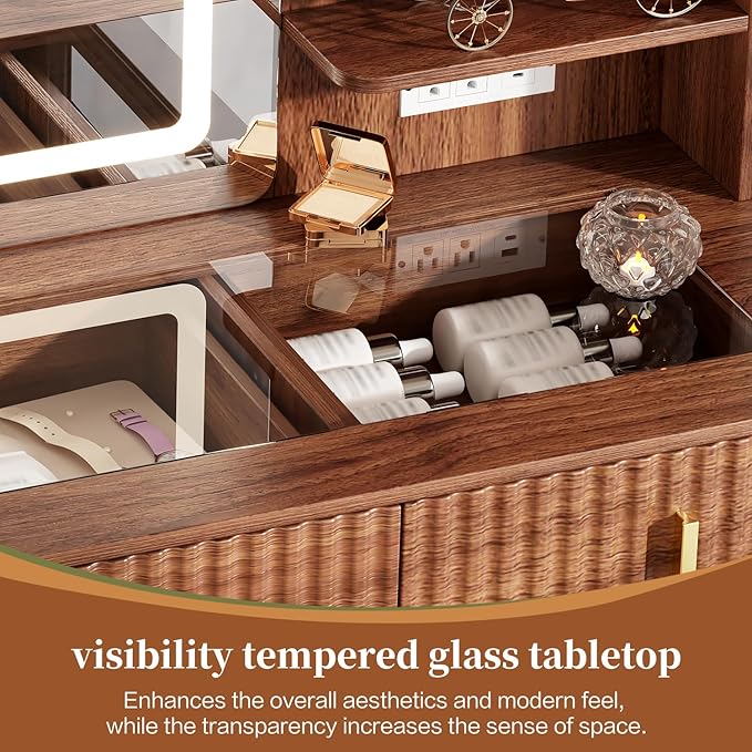 Large Makeup Vanity Desk with Mirror and Lights, Vanity Desk with 6 Drawers & Storage Shelves, Vanity Table with Power Outlet, 3 Color Modes & Adjustable Brightness Dressing Table, Bedroom,Walnut1