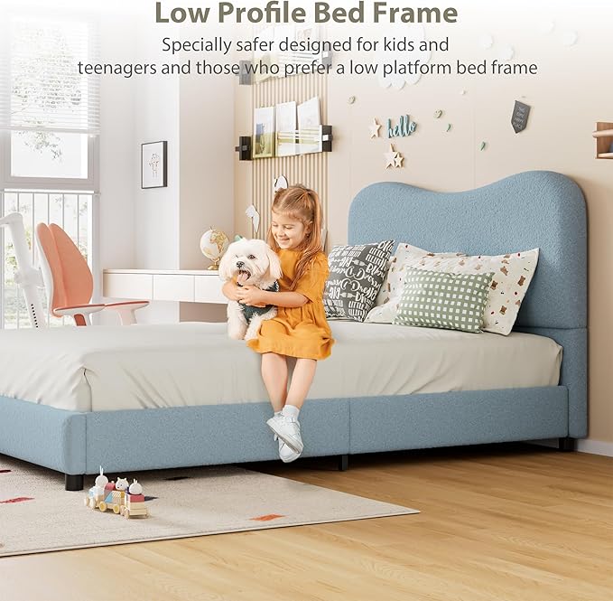 GarveeHome Full Size Bed Frame for Kids with Velvet Upholstered Headboard, Cute Low Profile Platform Bed for Girls and Boys, No Box Spring Needed, Strong Wooden Slats, Noise Free, Easy Assembly, Blue