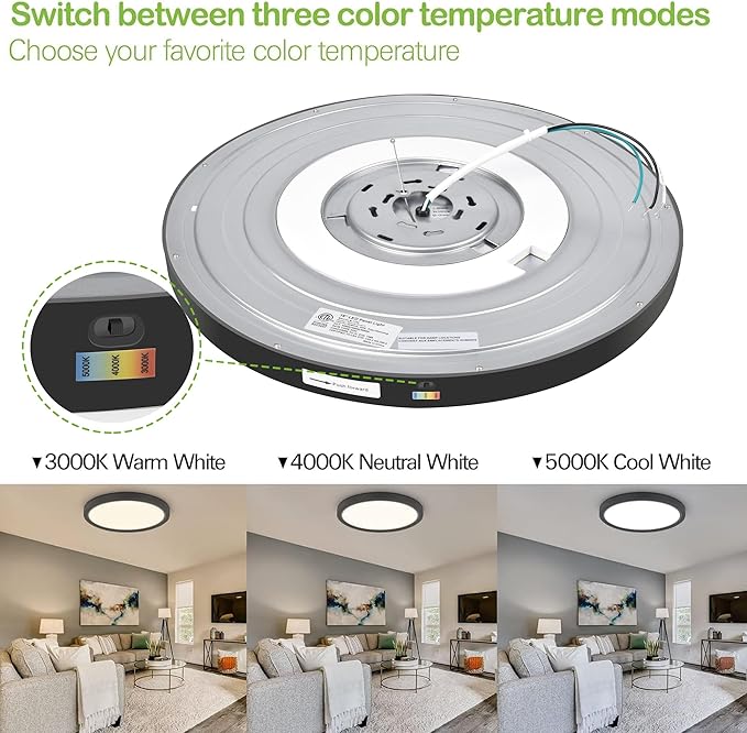 hykolity 18 Inch LED Round Flat Panel Light, Black, 32W, 3200lm, 3000K/4000K/5000K CCT Selectable, 120°Beam Angle, Dimmable Edge-Lit Flush Mount Ceiling Light Fixture - ETL Listed