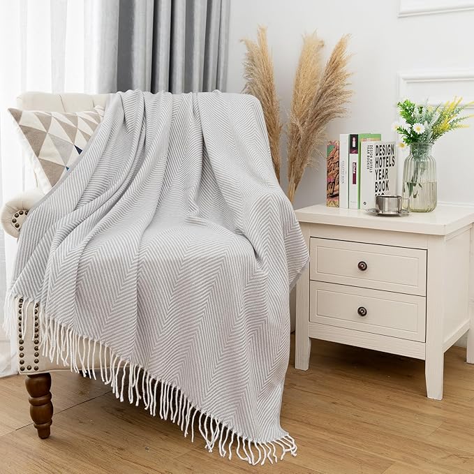 Gealaek Light Grey Throw Blanket Chevron Lightweight Fuzzy Soft Cozy Decorative Blankets for Sofa Bed Farmhouse Throw Blanket Grey with Fringe 50" x 60"