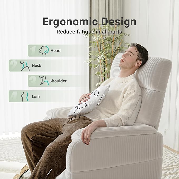 Claiks Zero Gravity Recliner Chair, Oversized Reclining Chair for Adults, Adjustable Electric Reclining Sofa Lounge with USB&Type-C Ports, Side Pocket, for Living Room, Corduroy, White