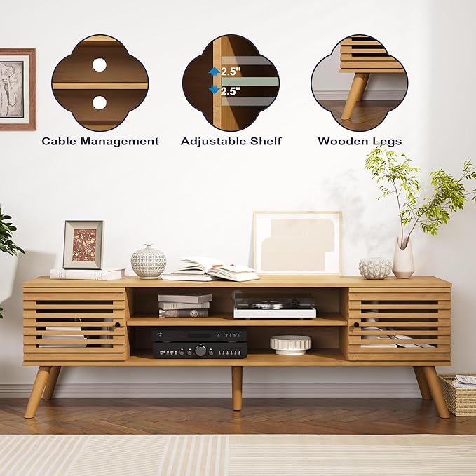 61" Mid Century Modern TV Stand for 50/55/60/70 inch TV, TV Media Console with Slatted Doors for TVs up to 70", Entertainment Center with Storage for Living Room, Bedroom, Oak