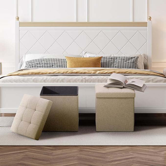 Storage Ottoman Bench, 15 Inch Ottoman Foot Rest, End of Bed Bench, Storage Chest, Load 700 lb, for Living Room, Bedroom, Entryway, Beige