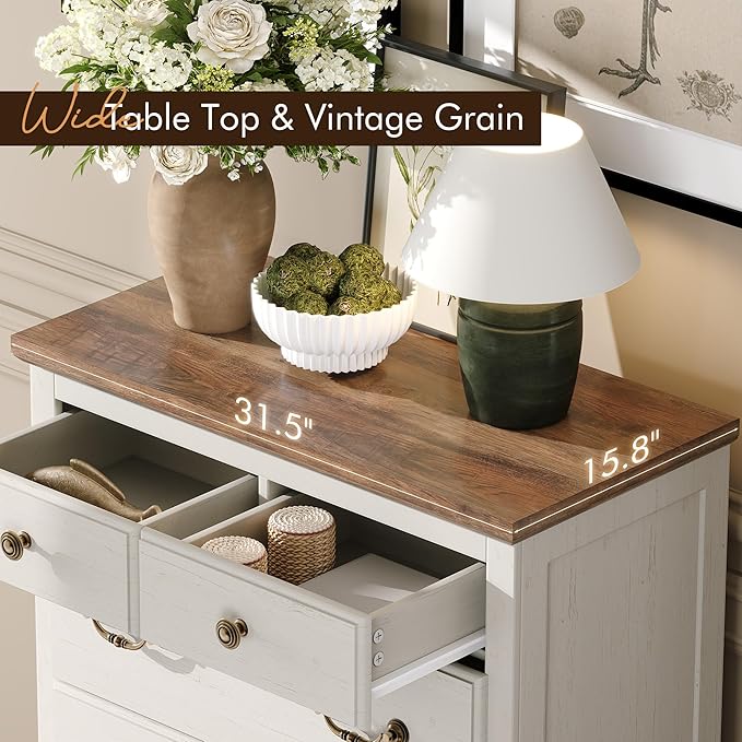 Farmhouse 6 Chest of Drawers for Bedroom, 48" Tall Wood Dresser with Bronze Retro Handles & 3D Drawer Fronts, Closet Dresser for Bedroom, Hallway, Antique White