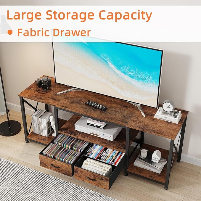 TV Stand with Fabric Drawer for 50 55 Inches TV - Entertainment Center and Industrial TV Console Table with Open Storage Shelves for Living Room, Bedroom - 47" Rustic Brown