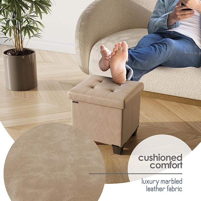 STORAGEBUD Storage Ottoman Cube with Small Bin, 16-in Square Ottoman with Storage for Living Room and Bedroom, Small Ottomans Foot Rest, Faux Leather Foot Stools Ottomans Max 330lbs, Taupe