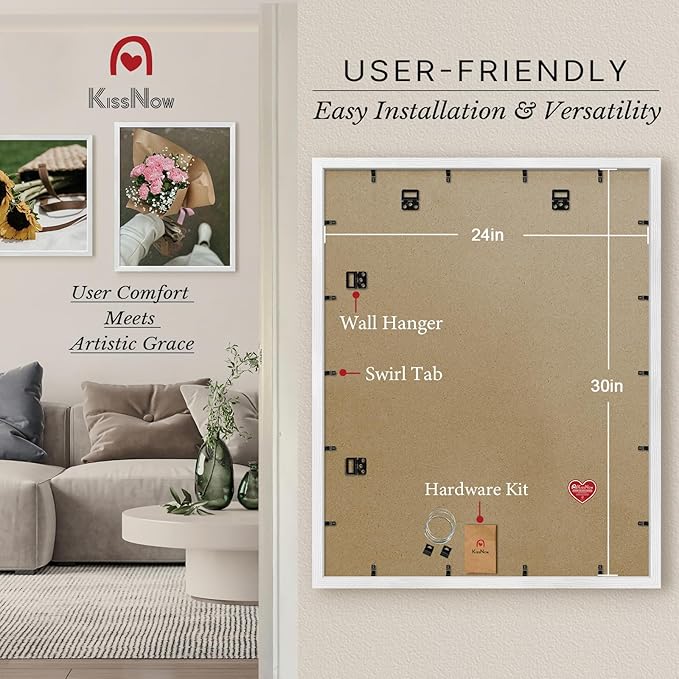 24x30 Poster Frame 4 Pack, White Solid Wood, Wall Gallery Picture Frame