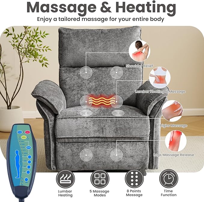 Oversized Power Recliner Chairs for Adults with Massage and Heat, Power Swivel Rocker Recliner Chair with Adjustable Headrest, 26" Extra Wide Rocker Nursery Recliner with USB Port, Dark Grey