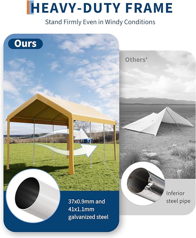 Garvee 10x20 Heavy Duty Carport, Galvanized Steel Outdoor Car Canopy with UV-Resistant & Water-Resistant PE Cover, Portable Garage for SUV, Truck, Boat, Yellow