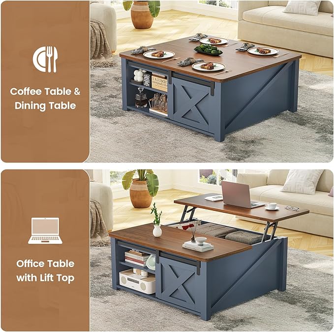 SEDETA 31.5" Lift Top Coffee Table with Storage, Square Coffee Tables for Living Room, Farmhouse Coffee Table with Large Hidden Storage Compartment and Adjustable Shelves, Blue