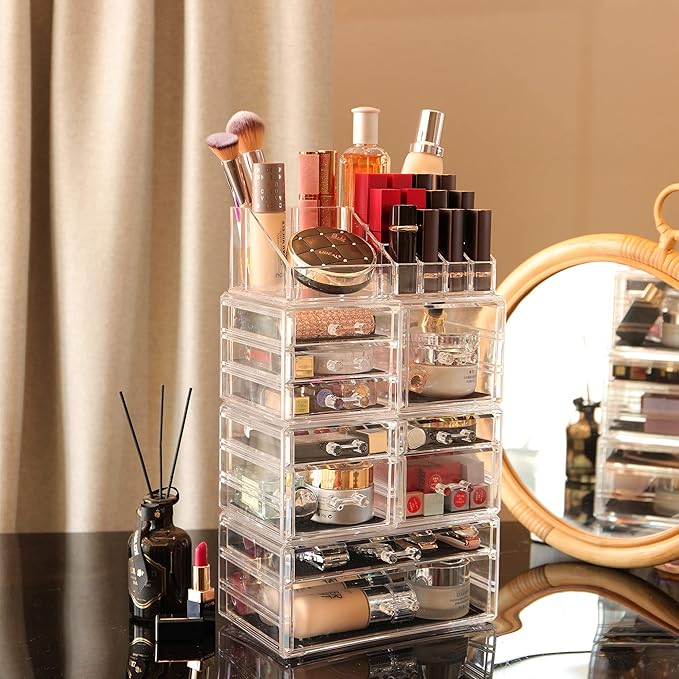 Cq acrylic 4 Pack Clear Make up Organizer Countertop,Stackable 10 Drawers Makeup Storage,Cute Vanity Organizers for dresser Hair Clip,Jewelry,Beauty Product Desk and Bathroom Organizers and Storage